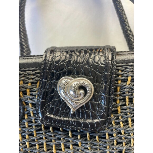 Brighton Raffia Straw Woven Tote Shoulder Bag Black/Tan Double Handle Vintage - Picture 3 of 9